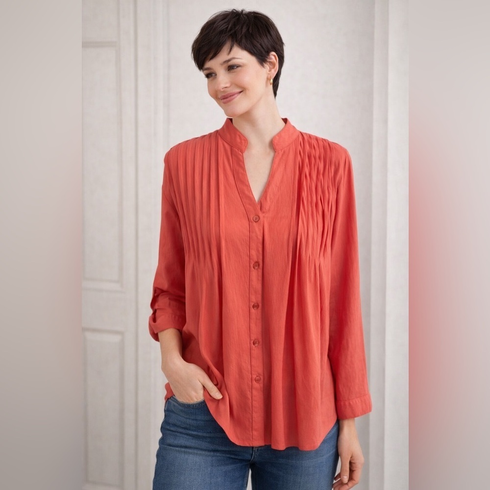 PAPA Vancouver Classic Button Down Pleats Color Coral/Salmon Long Sleeve Sz L